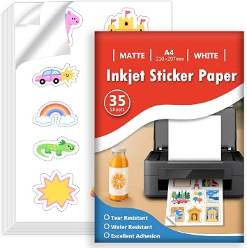 Euqvunn 35 Fogli Carta Adesiva per Stampante A4, Carta Vinile Stampabile Adesivo Bianco Opaco Impermeabile, Self-Adhesive Full Page per Stampanti a Getto d’Inchiostro, Quick Dry, 210x297mm