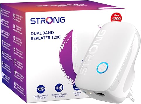 STRONG Ripetitore WiFi Dual Band AC1200Mbps, Ripetitore WiFi potente per casa, Porta Ethernet 100Mbps, Access Point, Lampada Notturna Intelligente, Compatibile con Router, Installazione Facile