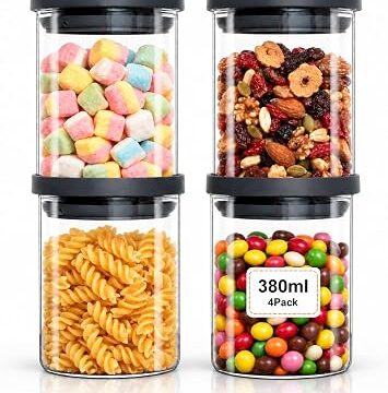 VINATO 4 Pezzi Barattoli Vetro Con Coperchio per Cucina – Set Ermetico in Borosilicato, Contenitori Cucina, BPA-Free, 380ml per Frutta Secca e Spezie