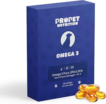 Omega 3 Cani e Gatti. 60 Capsule. Olio di pesce 100% Selvaggio + Vitamina E. Salute del Pelo e delle Articolazioni. EPA e DHA. Antinfiammatorio e Antiossidante