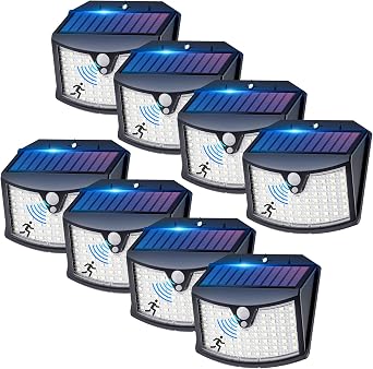 Giliwosy Luce Solare Led Esterno, 3 Modos IP65 Impermeabile Faretto LED da Esterno con Sensore di Movimento, Lampada Solare da Esterno per Giardino, Parete, Garage (8 Pezzi Bianco Freddo)