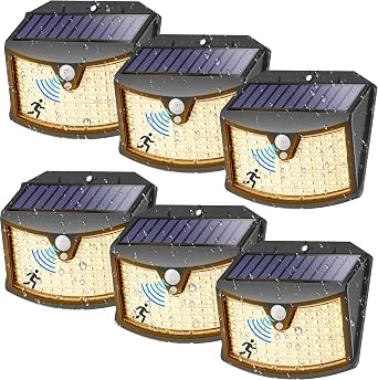 Giliwosy Luce Solare Led Esterno, 3 Modos IP65 Impermeabile Faretto LED da Esterno con Sensore di Movimento, Lampada Solare da Esterno per Giardino, Parete, Garage (6 Pezzi Bianco Caldo)