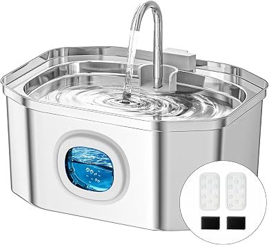 Fontanella per gatti,Apauk 3.2L fontanella per gatti acciaio Inox, fontana per Cani piccoli,Ultra silenziosa,con finestra LED, Sistema di filtraggio multistrato (S con 2 filtri & 2 spugne)