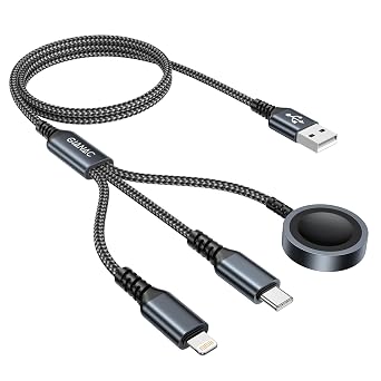 3 in 1 Caricatore Apple Watch[1.2M] Caricatore USB Multiplo Cavo per iPhone | Multi Cavo di Ricarica con Lightning/USB C/iWatch per Apple Watch Series 9/8/7/6/SE/5/Ultra/iPhone 17/16/15/14/13/12/11