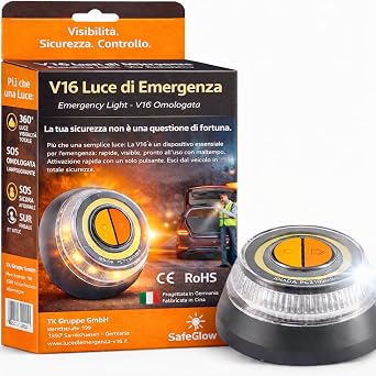 Luce d’emergenza V16 2027 con omologazione IDIADA Nr. PC21020060 – Triangolo d’emergenza – Triangolo di panne – Omologazione UE – Per auto e moto