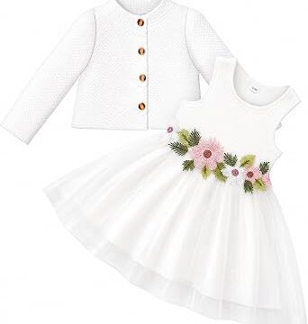 Vicloon Vestito per Neonate con Set di Cardigan, 2 Pezzi Vestito e Cappotto per Neonata, Gonne in Tulle Senza Maniche, Manica Lunga Cardigan a Nido d’ape, Abiti da Principessa, 6-24 Mesi(Bianco, Rosa)