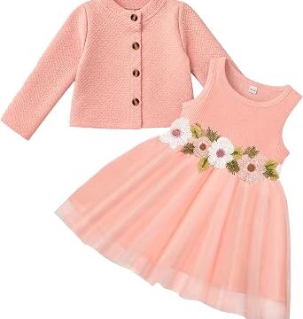Vicloon Vestito per Neonate con Set di Cardigan, 2 Pezzi Vestito e Cappotto per Neonata, Gonne in Tulle Senza Maniche, Manica Lunga Cardigan a Nido d’ape, Abiti da Principessa, 6-24 Mesi(Bianco, Rosa)