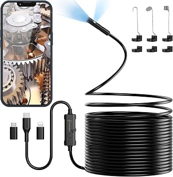 Ennovor Pro Endoscopio per Smartphone 1920P HD, Telecamera Doppia Lente 10m | Sonda Telecamera Endoscopica IP67, Endoscopio Professionale con 8+1 LED, Cavo Semirigido, Senza WiFi per Android/iOS, Auto