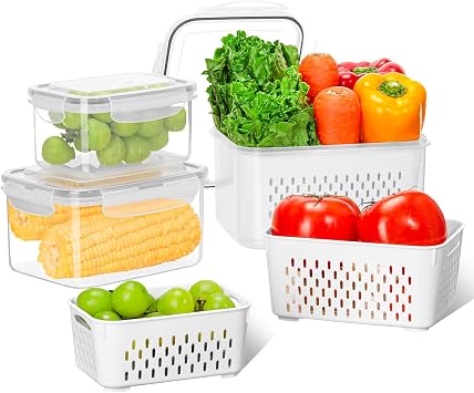 VINATO Set 3 Contenitori Frigo con Cestello Scolapiatti, (0.8+1.7+3.15L) Scatole Ermetiche da Frigo, Scatola per la Selezione Delle Verdure per Microonde/Lavastoviglie