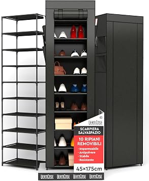 Scarpiera Slim Salvaspazio 10 Ripiani in Tessuto Impermeabile Colore Nero | VertiCase Scaffale Scarpe Verticale con Copertura Antipolvere – Scarpe Sportive Tacchi Alti da Interno o Esterno 45x175x28cm