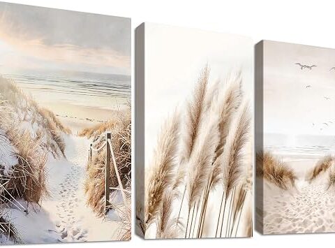3Pcs Stampa su tela Con Cornice Natura Spiaggia Paesaggio Marino Pittura Canna della Pampa Tramonto Quadri su tela Quadri Moderni Soggiorno Camera da Letto Corridoio Stampe da Parete 40x60cm x3