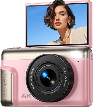 Macchina Fotografica Digitale 4K 64MP: Ultra HD Fotocamera Digitale Compatta per Vlog con Flip 180° da 3″ Videocamera con Zoom Digitale 16X per Bambini Adulti Studenti Rosa(Senza Scheda SD)