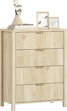 HOMCOM Cassettiera Camera da Letto 4 Cassetti 70x38x93 cm Legno Naturale | Cassetti Scanalati, Comò Camera da Letto in Legno, Maniglie Dorate, per Soggiorno Sala da Pranzo Corridoio