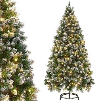 LILIIN Albero di Natale artificiale, 240 cm, abete con illuminazione, albero in PVC bianco e verde con effetto neve e pigne di pino, con supporto (2,4 m, con illuminazione)