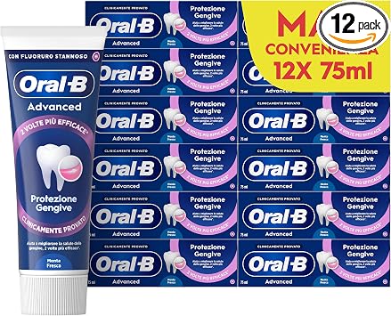 Oral-B Dentifricio Advanced Protezione Gengive 12x75ml, Dentifricio Formato Convenienza per Gengive Infiammate Clinicamente Provato, Pulizia Denti, Alito Fresco, Sapore Menta Piperita e Menta Verde