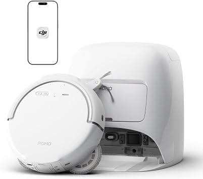 DJI ROMO S robot aspirapolvere lavapavimenti, 25.000 Pa | Aspirazione da 25.000 Pa, rilevamento ostacoli a livello di drone, Spazzola anti-groviglio, Lavaggio automatico del mop