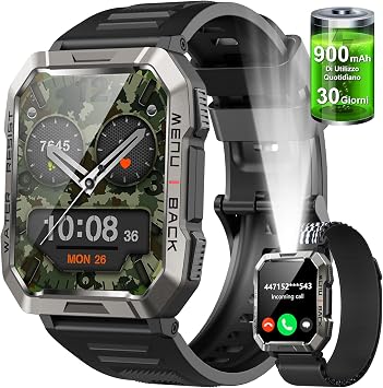 Smartwatch Uomo, 2.01″ Orologio Smartwatch con Torcia, Bussola, Orologio Intelligente con Effettua/Risposta Chiamate, 120+ Modalità Sport, Smart Watch Cardiofrequenzimetro/SpO2/Sonno,Impermeabile IP68