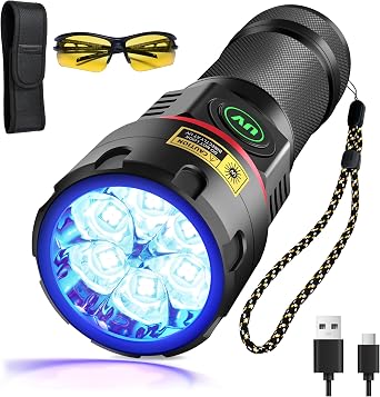 DARKBEAM Torcia UV 395nm 6x LED [4-core] Torce Luce nera ultravioletta | Lampada di Wood Portatile USB ricaricabile 80W, resina indurente, rilevatore di urina animale, vetro all’uranio
