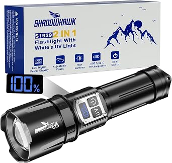 Shadowhawk Torcia LED Potente Professionale 1000000 Lumen, 50W Portata 1 Km | Ricaricabile USB Torcia, IP67, Zoomabile, Doppio Tasto, Dimmerazione senza Gradi, Luce UV, per Campeggio, Trekking, Ispezione