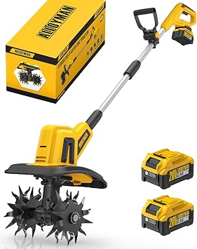 Alloyman Motozappa elettrica da 20V MAX, fresa da giardino, batteria da 360 giri/min, con 2 batterie da 4,0 Ah e caricabatterie, larghezza di lavoro 23 cm, profondità 17 cm, Motozappa per terreni