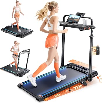 Tapis Roulant Elettrico Piehevole, 6 IN 1 Tapis Roulant Salvaspazio 1-12km/h con Inclinazione 12%, 3,0 HP, Maniglia Telescopica da 15 cm e Cintura Luminosa RGB, Carico Massimo 150 kg