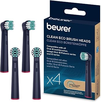Beurer TB Sensitive Eco Testine per spazzolino elettrico, 4 testine compatibili con Oral-B, setole realizzate al 100% con materie prime rinnovabili, cura delicata dei denti, grado di durezza morbido