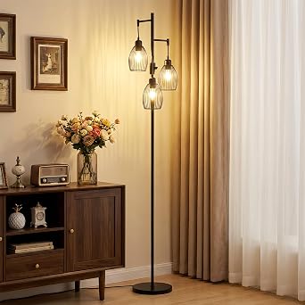HOMCOM Lampada da Terra Industriale con 3 Paralumi, 30x30x170.5 cm, Nero | Intensità Regolabile, Piantana Lampada da Pavimento in Acciaio