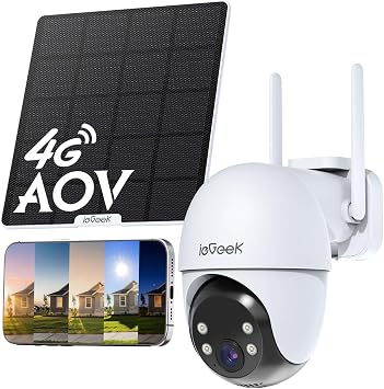 ieGeek 24/7 Registrazione AOV 4G Telecamera Esterno con SIM Senza WiFi | Tracciamento Automatico, Rilevamento AI, Visione Notturna 25m, Memoria 512GB, 5W Pannello Solare, 10000mAh Batteria, IP65