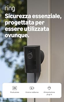 Ring Outdoor Camera 2K, Videocamera per esterni, Alimentazione plug-in (ultimo modello), Facile installazione fai-da-te, Video grandangolare Retinal 2K, Zoom avanzato 6x e visione notturna, nero