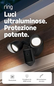 Ring Videocamera con proiettori (Floodlight Cam), alimentazione via cavo(ultimo modello),video 2K, zoom avanzato 6x, proiettori ultraluminosi,prova gratuita di 30 giorni del piano di abbonamento Ring