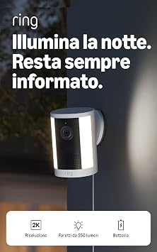 Ring Spotlight Cam 2K, Videocamera con faretti, plug-in (ultimo modello), video Retinal 2K, zoom 6x, faretti attivati dal movimento, prova gratuita di 30 giorni del piano di abbonamento Ring