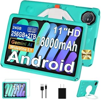 2026 Tablet Android 15 Con EVA Silicone Custodia Protettiva, 24GB+256GB/2TB, Bambini tablet 11 Pollici Octa-Core, Gemini AI/Widevine L1, 8000 mAh, 13MP+5MP, Corpo Metallo, Tableta Grande-Pallido Verde