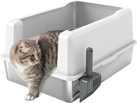 PawHut Lettiera per Gatti XXL Impermeabile in ABS 71×50.8×35.5 cm Bianco | Pareti Rialzate, Toilette per Gatti, Vassoio in Acciaio e Paletta, Lettiera per Gattini