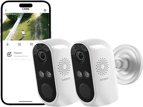 Anlapus 2K, 3MP Confezione da 2 Telecamere di Sorveglianza WiFi 6 Esterno/Interno, Visione Notturna a Colori, Rilevamento Persona/Veicolo, Allarme Acustico e Luminoso, Registrazione 24/7