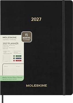 Moleskine Agenda Settimanale Verticale 2026-2027, Essential Planner 15 Mesi Con Slot Orari Giornalieri e Copertina Flessibile, Formato XXL 23,5×28,14 cm, Colore Nero