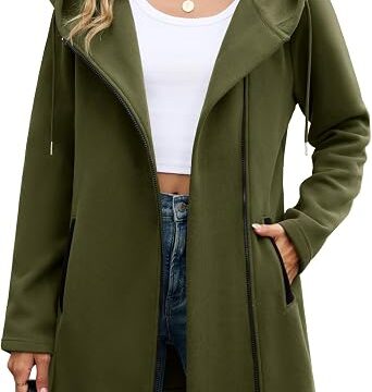 Vancavoo Felpa Donna Lunga con Cappuccio e Zip Cappotto Giacca in Pile | Giacca Leggera a Maniche Lunghe con Cappuccio, Coulisse e 2 Tasche Oblique, per Primavera e Autunno