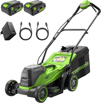 Greenworks 48V (24V x 2) Tosaerba a Batteria Li-Ion, Ampiezza di taglio 35cm, Tagliaerba Elettrico Batteria CON Due Batterie 4Ah e Caricabatterie Doppio MO48L421-01