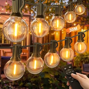 Catena Luminosa Esterno 30 Metri, Dimmerabile Catena di Luci per Esterno con Telecomando, LED Lucette da Esterno con 50+2 G40 Lampadine per Giardino, Gazebo, Terrazze, Campeggio, Balcone, Giardini