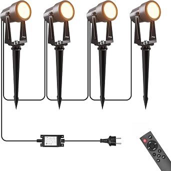 LONIUTO Illuminazione da giardino con alimentazione 17M, 3W*4 pezzi Faretti da esterno con Funzione telecomando e timer 3000K Bianco caldo, IP65 Impermeabili per sentieri, prati, cortili, terrazze