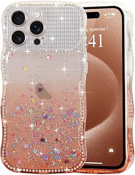 LCHULLE Compatibile con iPhone 15 Pro Max Cover Glitter Ondulata, Marrone | Custodia con Brillantini, Traslucida Design Forma Ondulata, Decorazione con Scintillante Strass, Silikon Glitter Case
