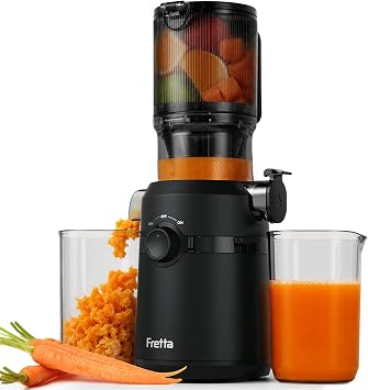 Fretta Estrattore frutta e verdura, apertura 108MM e capacità di 1L estrattore di succo, 200W centrifuga Lenta, 99% nutrienti preservati, senza BPA, facile da smontare e pulire