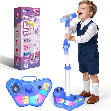 Dislocati Microfono per Bambini con Supporto Regalo 3+ Anni – Microfono doppio con Luci LED, Altoparlante Bluetooth portatile, Altezza regolabile 47-108 cm, Ingresso TF/USB/AUX – Blu