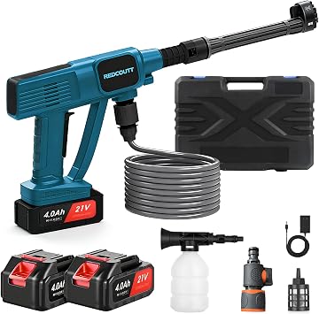 Idropulitrice a Batteria, Pistola Idropulitrice da 21V, Dotata di 2 Batterie da 4000 mAh, Ugello Multifunzione 6 in 1, Tubo da 5M, Batteria per Lavaggio Auto e Giardino