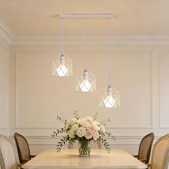 SENQIU 3 Luci Lampada a Sospensione Vintage, E27 Lampadario Industriale | Bianco Metallo, Lampadario da Soffitto Moderno a Forma di Gabbia per Camera da Letto, Cucina, Sala da Pranzo Soggiorno