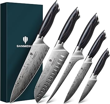 SANMEIHO Set Coltelli Cucina Giapponesi 5 Pezzi Acciaio in Polvere | Set Coltelli da Chef Professionale 63 HRC Ultra Affilato 12°, Manico Ergonomico in Legno Naturale