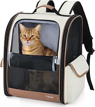 Leksky Zaino per Cani Gatti per Animali Taglia Media/Piccola, Zaino Trasportino Gatto Portatile Pieghevole con Finestra in Rete Fino a 5 kg, Traspirante Zaino Porta Cane per Viaggo Campeggio, Beige