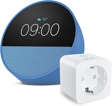 Amazon Echo Spot (Ultimo modello) | Blu + WiZ Presa intelligente, compatibile con Alexa – Kit di base per Casa Intelligente