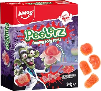 AMOS Peelerz Parti del Corpo Sbucciabili Caramelle Gommose Halloween 240g | Caramelle al Succo di Frutta (Cervelli, Dita e Orecchie) Incartate Singolarmente per Dolcetto o Scherzetto