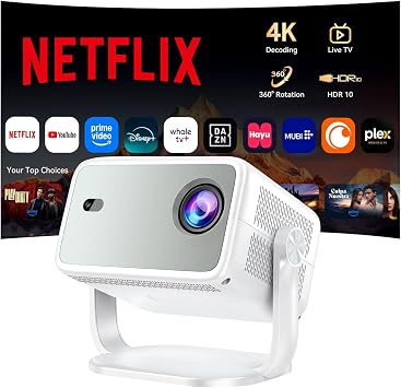 Proiettore 4k 2026【Compatibile con Netflix/1400 ANSI/Rotazione 360° 】Videoproiettore HDR10 Auto Focus e 6D Keystone Proiettore Portatile Bluetooth WiFi 6 per Home Cinema/Esterno