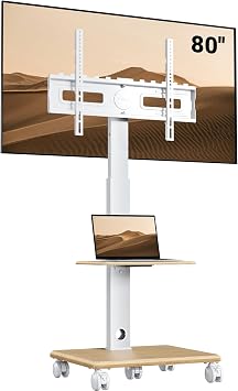 BONTEC Supporto TV da Pavimento con Base in Legno per TV 32-80 Pollici | con 5 ruote, portata 60 kg, VESA 600×400 mm, altezza 1210-1500 mm, girevole e inclinabile, Bianco